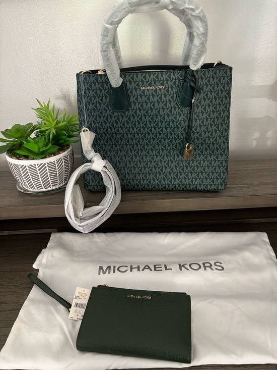 Michael Kors Handbags - Michael Kors Green Monogram Satchel with Matching Pouch & Cross Bag Charm New